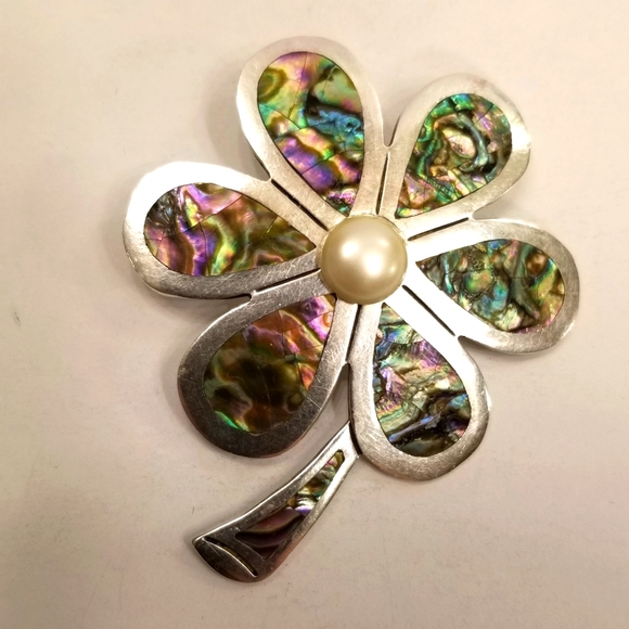 🔻REDUCED❣Los Ballesteros Vintage Silver Abalone Clover Brooch Hand Crafted Rare - Picture 2 of 11